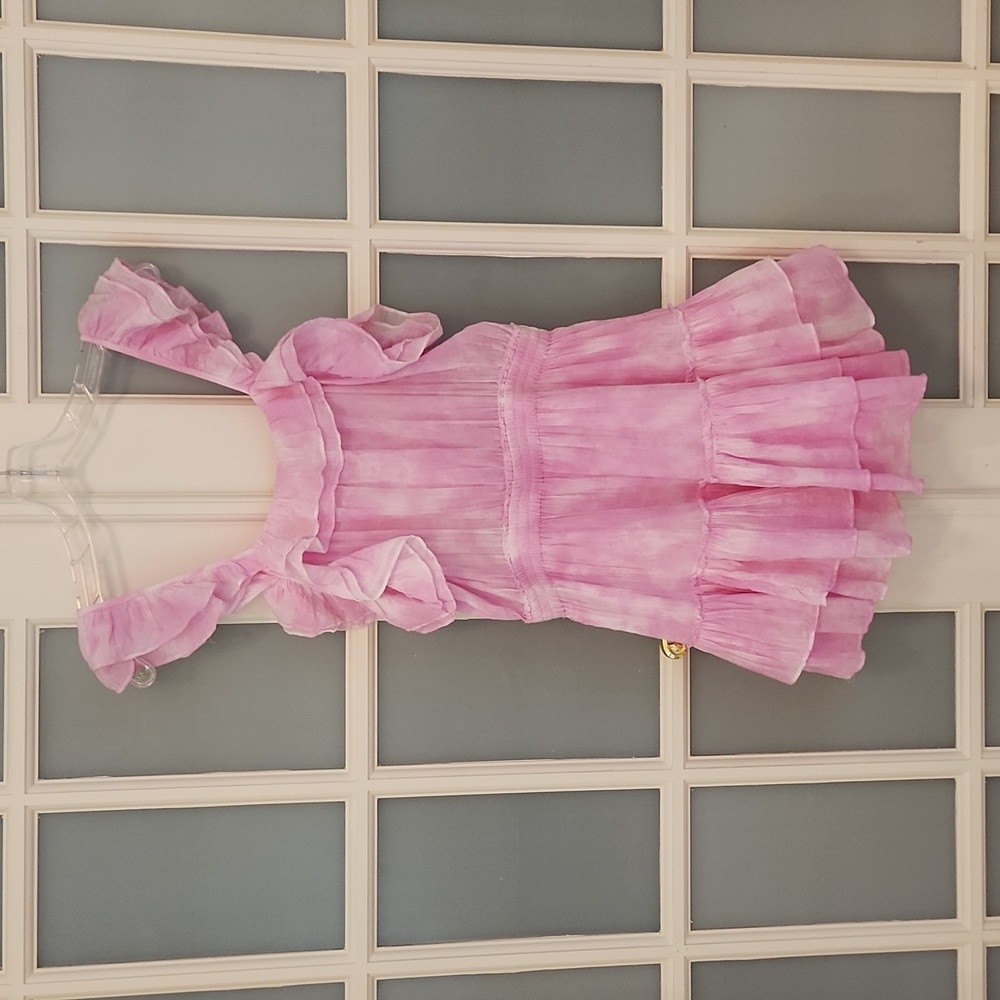 LoveShackFancy 'Marina' Tie-Dye Ruffle-Trim Mini-Dress, Peony Pink - Picture 8 of 9